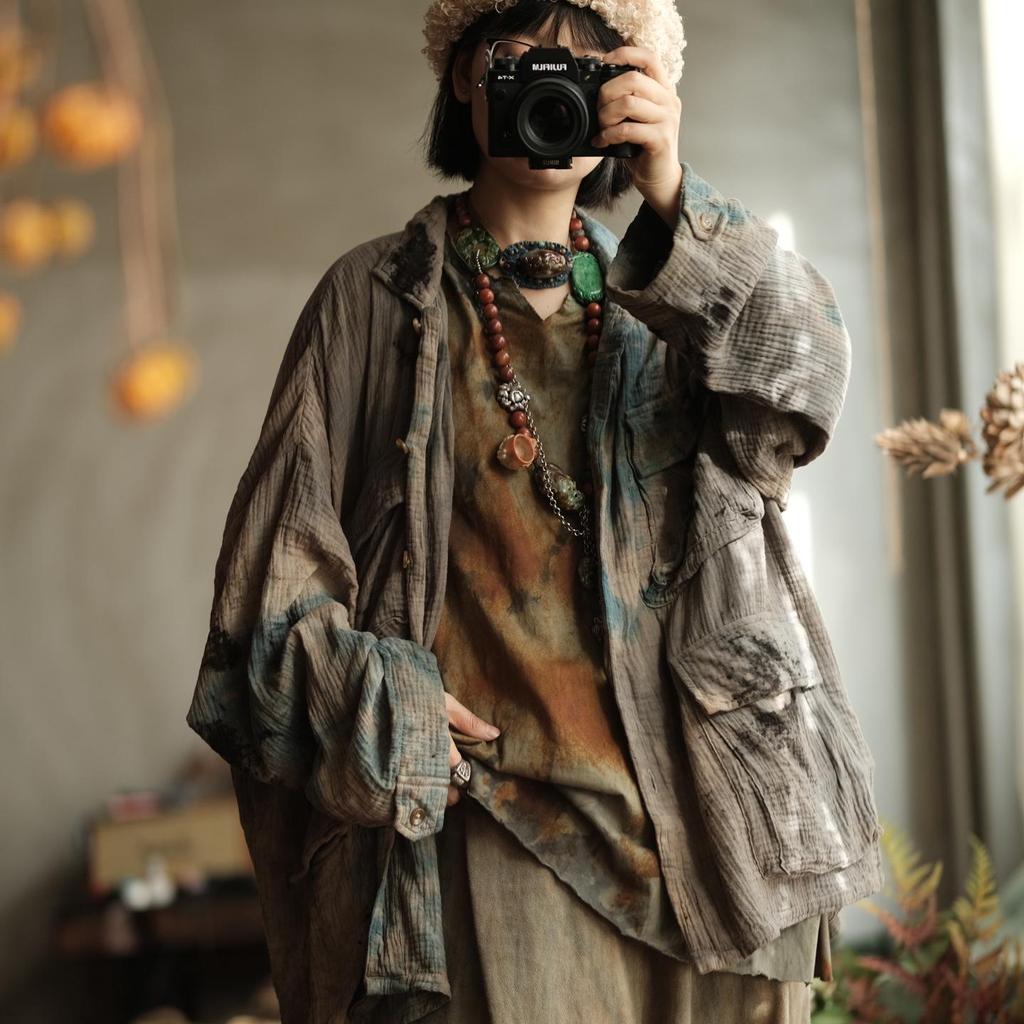 Ancient Falling Mud Light Retro Lapel Cotton-Linen Jacket with Pockets, Plant-Dyed Ash Tone