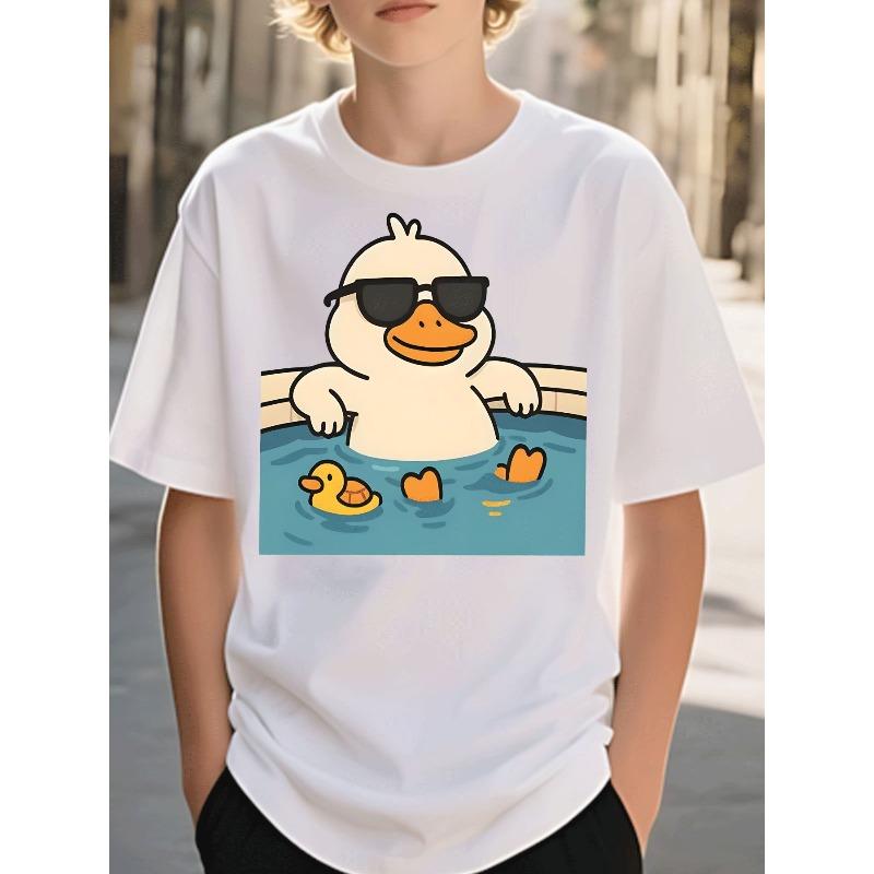 Boys Crewneck Tee, Trendy Rubber Duck With Sunglasses Pool Cartoon Print Street Style Casual Kids Top