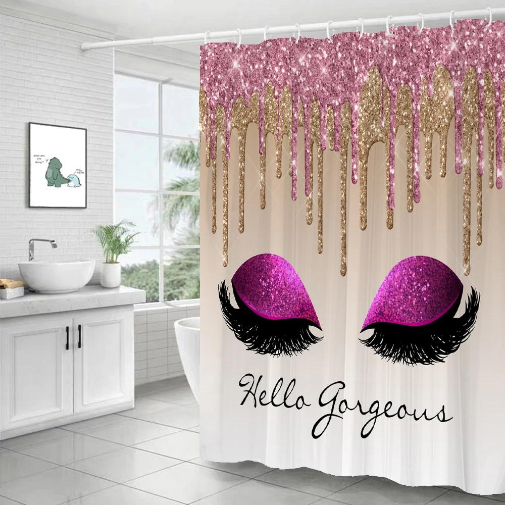Girl Pink Silver Eyelash Shower Curtain Gorgeous Waterproof Polyester Fabric Bath Curtains Glitter Bathtub Screen with Hooks