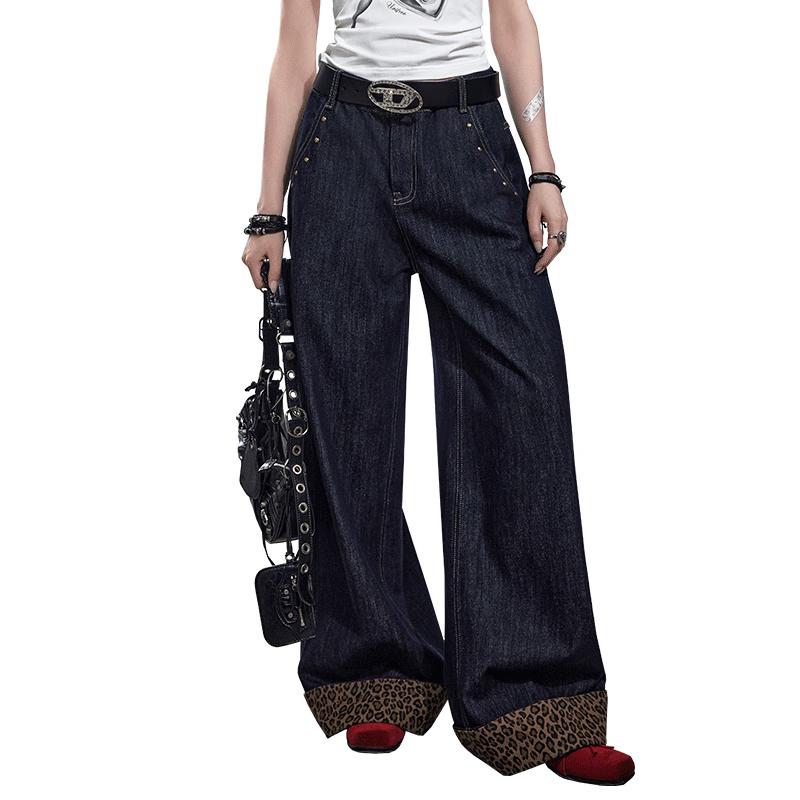 

UNIFREE Women s Retro Low Waist Loose Wide-Leg Leopard Patchwork Jeans M