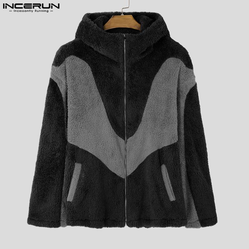 INCERUN Men Long Sleeve Furry Zipper Hoodies Patchwork Casual High Neck Sweatshirts