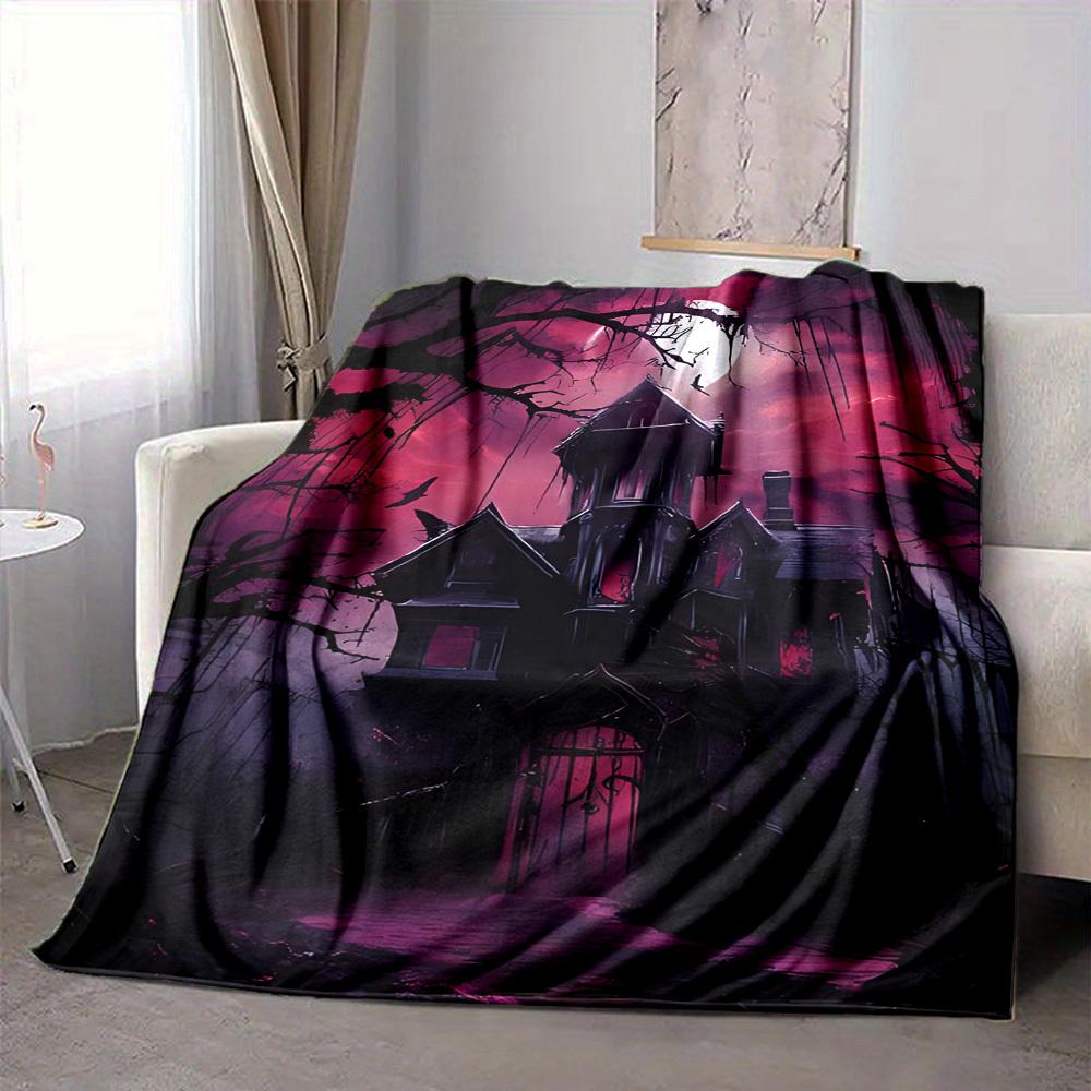 1pc Haunted House Moonlit Blanket, Lightweight Flannel Throw Blanket for Sofa, Bed, Travel, Camping, Living Room, Office, Couch052