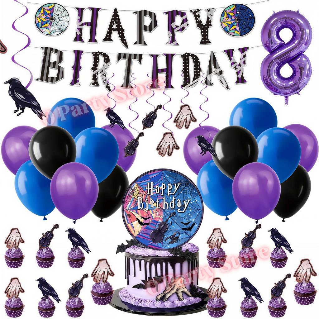 Birthday Party Decorations Supplies Kit Balloons Cups Plates Backdrop Banner Addams Theme Birthday Cake Decor Kids Favor Gifts