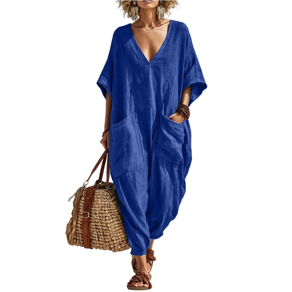 Women's Linen V Neck Jumpsuit with Pockets Wide Leg Romper