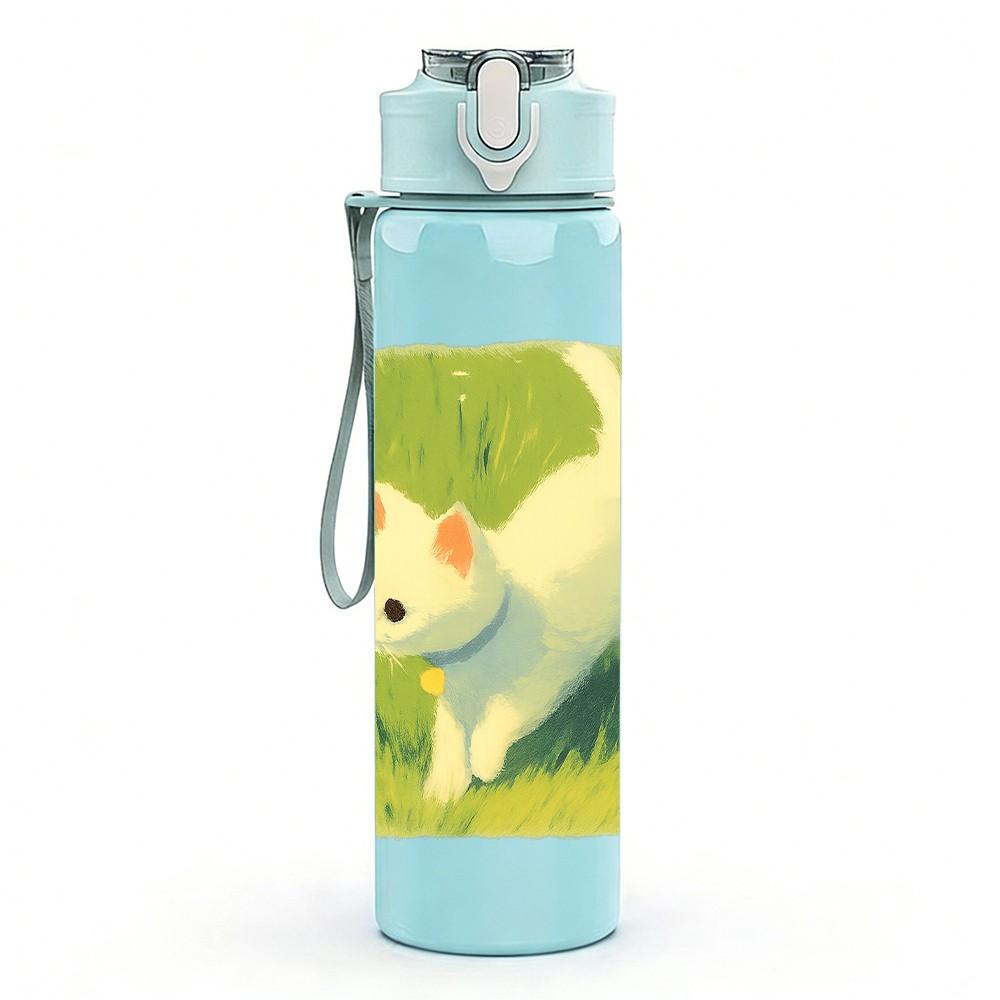 1PC White Kitten Green Background 750ml Color Plastic Sports Water Bottle Leakproof Flip Straw Lid For Sports Office Home Use