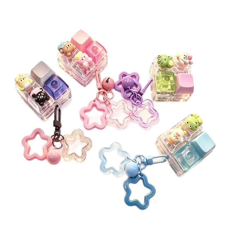 Cute Four Keycaps Keychain Cartoon Animal Mechanical Button Stress Relief Pendant Star Buckle Bag Hanging Decor For Girls Gift