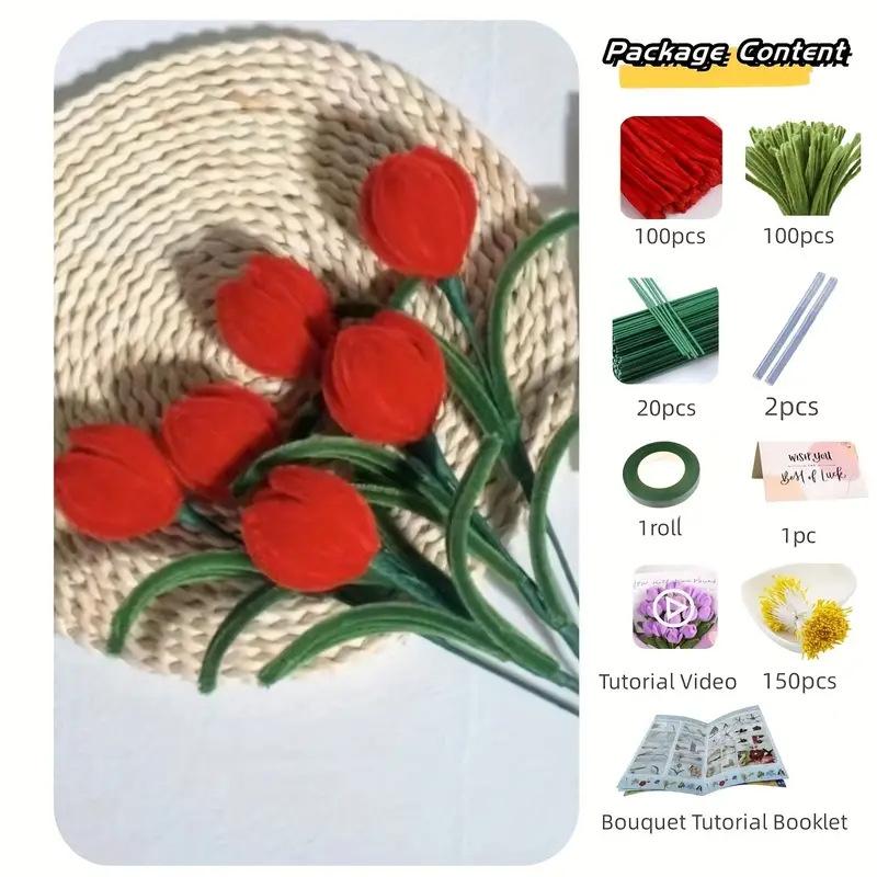 Chenille Stem Tulip Bouquet Kit, DIY Pipe Cleaner Flowers Craft, Creative Gift for Mom Wife Girlfriend