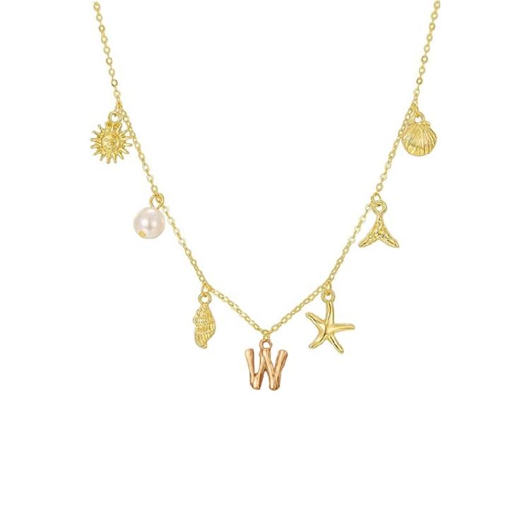 Ocean Theme Gold Charm Necklace with Initial Shells Letter Pendant Suitable for Surfer Girls and Beach Enthusiasts