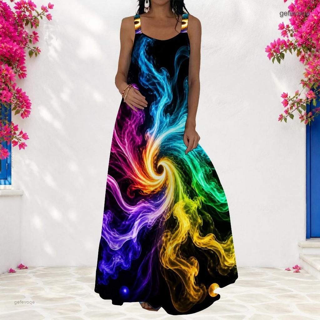 Women Plus Size Scoop Neck Strappy Sleeveless Colorful Printed A Line Maxi Dress
