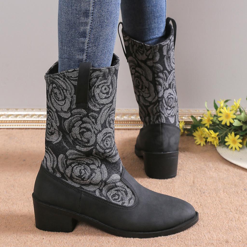 Large size new women's thick heel medium tube fashion boots embroidered sleeve knight boots retro pointed Martin boots women