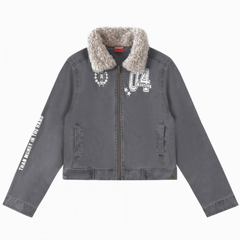 Unisex Retro Denim Jacket With Fleece Collar Print Patchwork Loose Fit Fall Outerwear Teens Adults