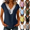 Women Casual Pullover Top V Neck Lace Trim Stitching Short Sleeve Blouse Lightweight Loose Fit Shirt for Everyday Wear