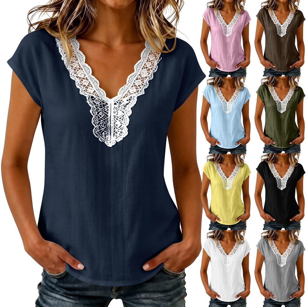 Women Casual Pullover Top V Neck Lace Trim Stitching Short Sleeve Blouse Lightweight Loose Fit Shirt for Everyday Wear