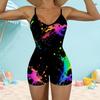 Women Plus Size Scoop Neck Thin Straps One Piece Boyshort Swimsuit Black Rainbow Splatter Printed