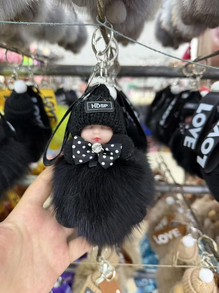 Authentic Fox Fur Pompon Keychain: Cute Plush Sleeping Doll Bag Charm