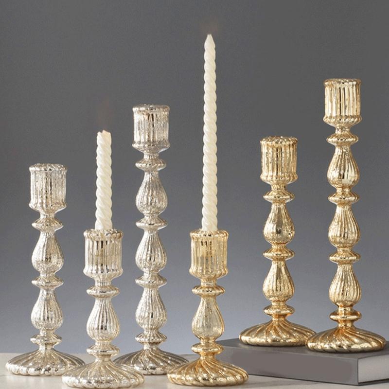 Candle Stick Holders Tapers Candle Holders Ribbed Glass Candlestick Holders with Wide Round Base for Dining Table Shelf Display, Home Accent, and