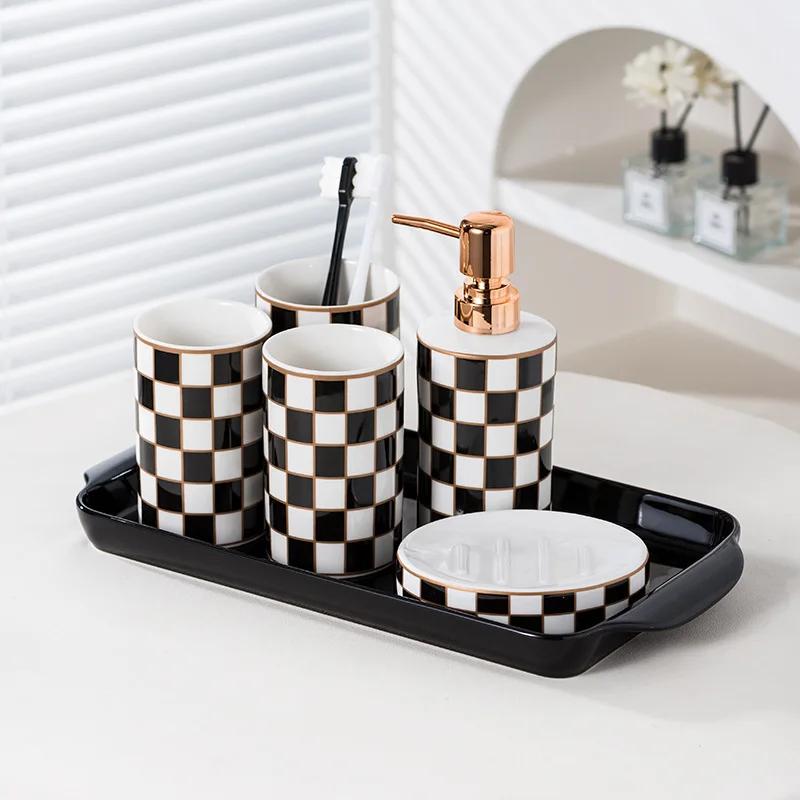 Black and White Grid Ceramic Wash Set Mouthwash Cup Light Luxury Hotel Bathroom Brush Cup Soap Dispenser Dispenser Bathroom