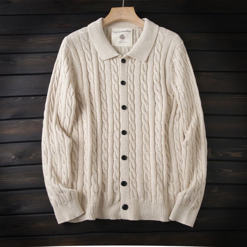 Classic Old Money Style Soft Fleece/Cotton Foreign Trade Tail Goods Men's Autumn and Winter Knit Cardigan Lapel Sweater Outerwear