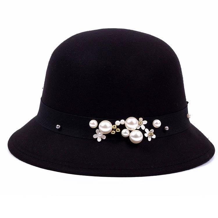 Autumn and winter new women's woolen top hat Hepburn style small brim basin hat pearl decoration French retro fashion shows small face