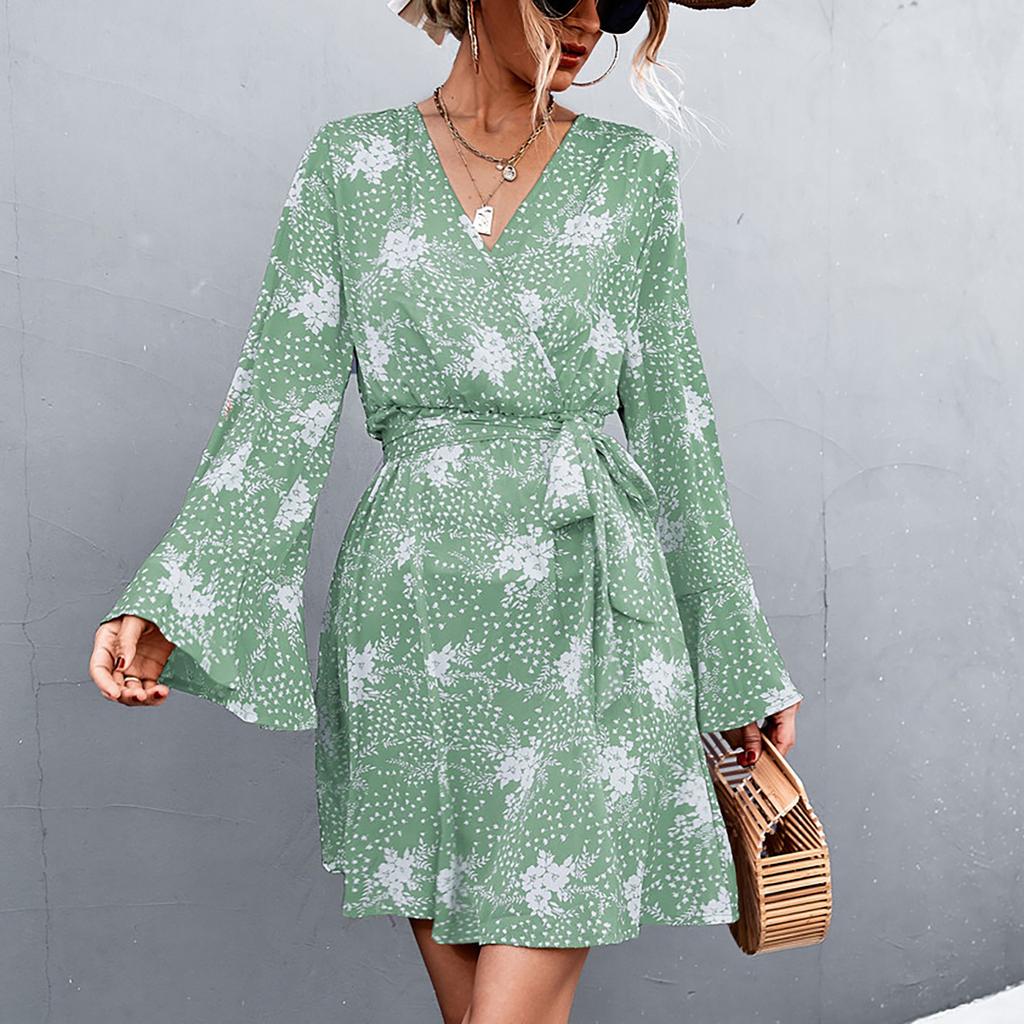 Women's Boho Print Lace-Up V-Neck Long Sleeve Dress