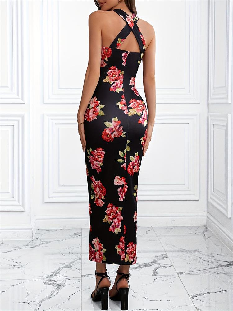 One-Shoulder Summer Bodycon Dress with High Slit Print