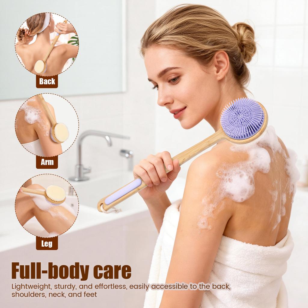 Double Sided Shower Body Brush Silicone and Dense Bristle Massage Back Scrubber Deep Cleaning Exfoliation Bamboo Long Handle