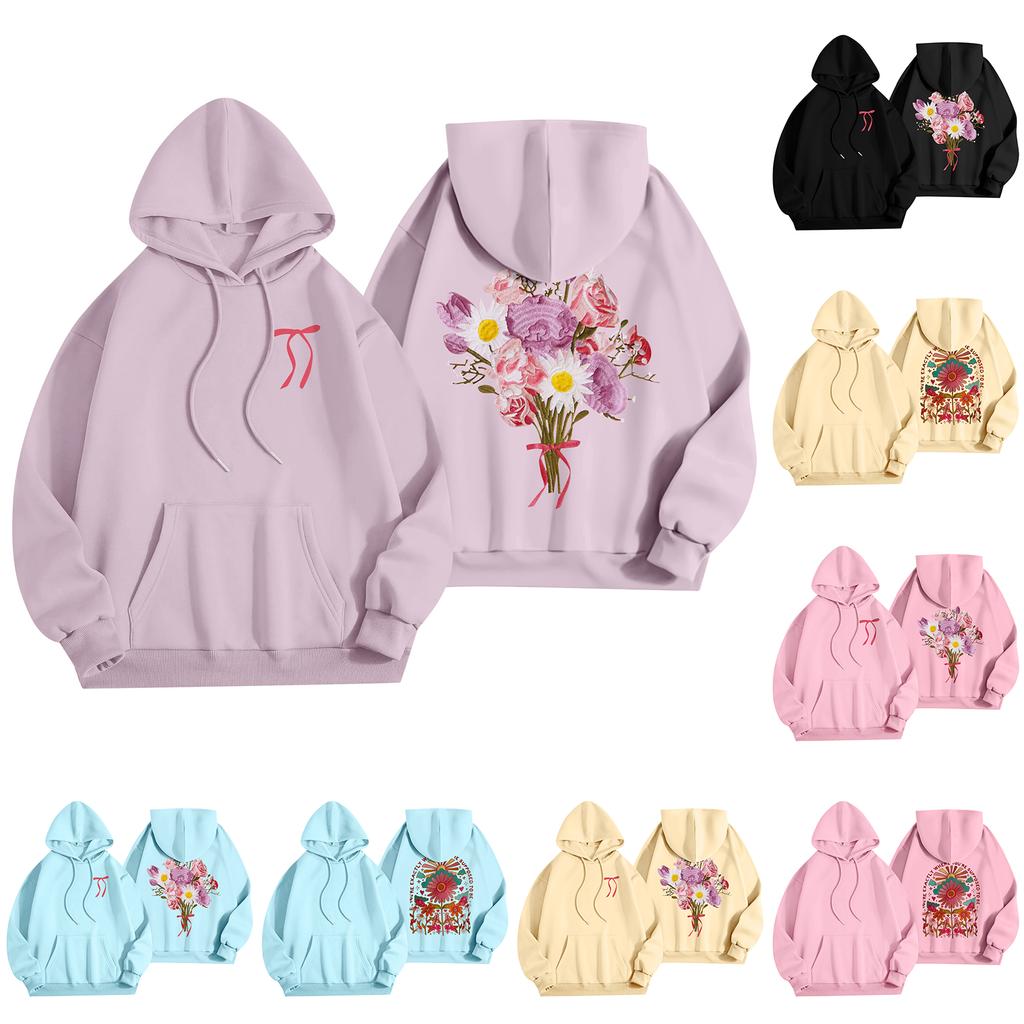 Damenmode Damen Leichter Langarmpullover mit Taschen Preppy Graphic Hoodie