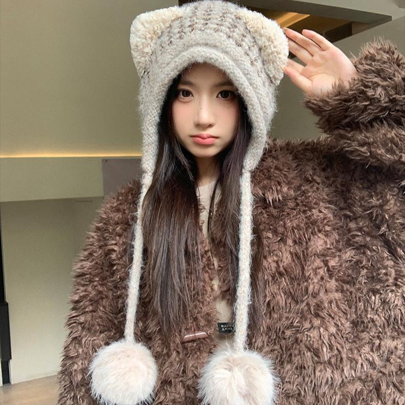 Winter Hat Girl Cute Bear Plush Hat Windproof and Warm Integrated Hat Hairball Cold-proof Knitted Hat