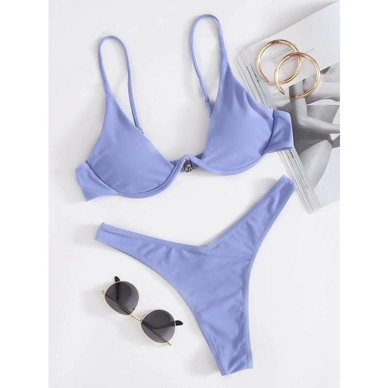 Women's Royal Blue Triangle Bikini Set Underwire Front Closure Thong Bottom Two Piece Swimsuit