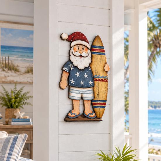 Rustic Wood Hanging Signs Lighted Wooden Surfing Santa Wall Decor, LED Coastal Christmas Unique Seaside Xmas Gifts with Surfboard, Beach Theme Holiday