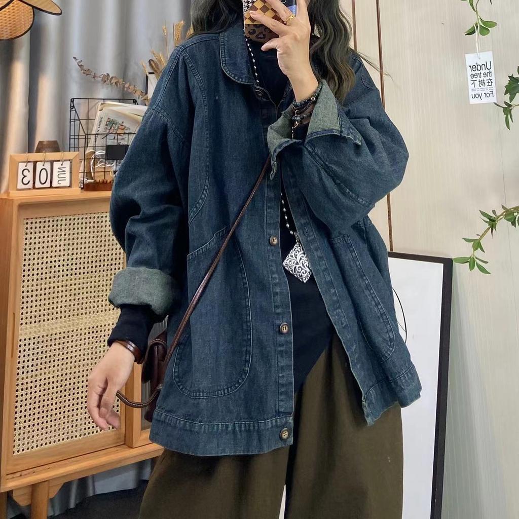 Women's Long-Sleeve Collared Denim Jacket Loose Trendy Versatile Casual Outerwear for Autumn