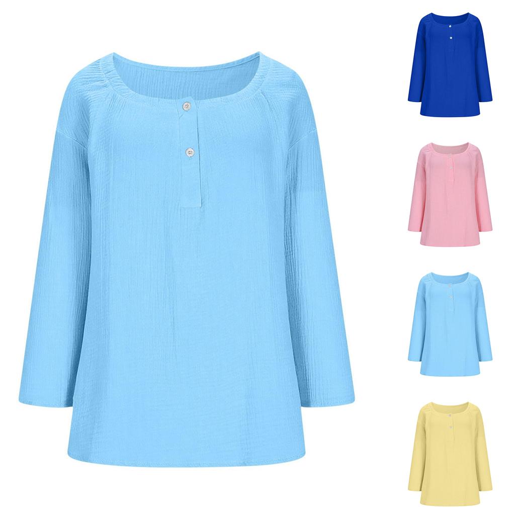 Women Long Sleeve Cotton Shirts Casual Button Loose Tops