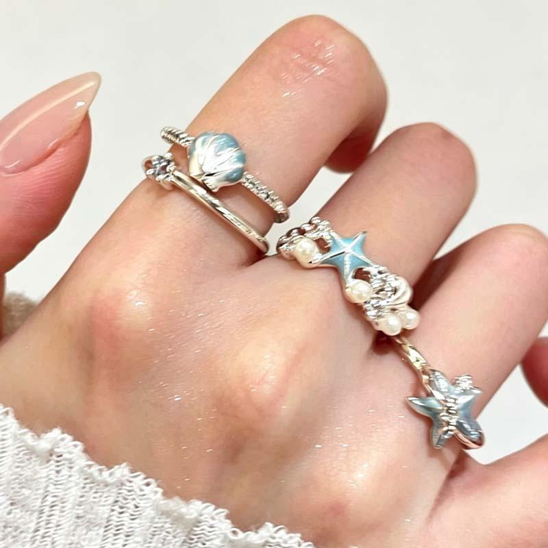 Sea Salt Milk ~ Blue Starfish Shell Ring, Women's Seaside Vacation Style, Stackable Niche Design, Index Finger Ring
