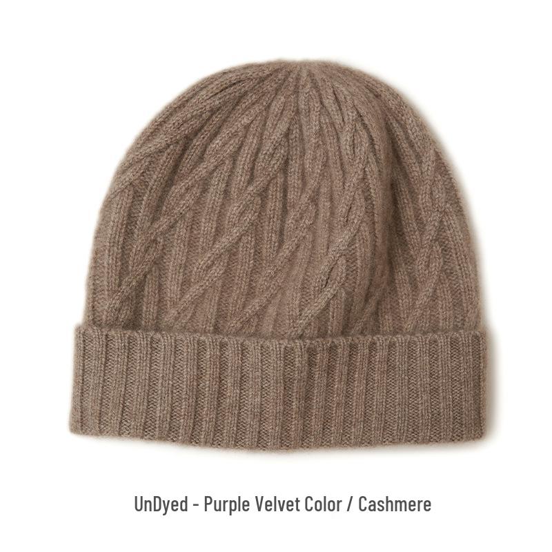 Women's Warm Cable Knit Turn-up Hat - Pure Cashmere, Ear Protection, Windproof, Solid Color for Autumn/Winter