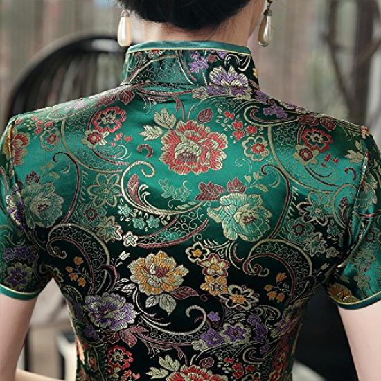 Embroidered Floral Satin Long Maxi Shiny Cheongsam Dress with Ten Buttons [TRTRO] Cheongsam, Cheongsam, Length, (Small, Green)