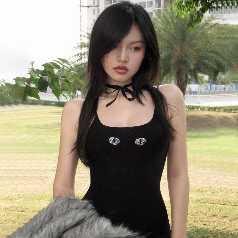 

Порывистый Весенне-Летний Новый Дизайн Кошачий Глаз Стразы Юбка на Подтяжках Облегающая Юбка Бедра Чистое Желание Сексуальное Платье из Яркого Шелка Black S