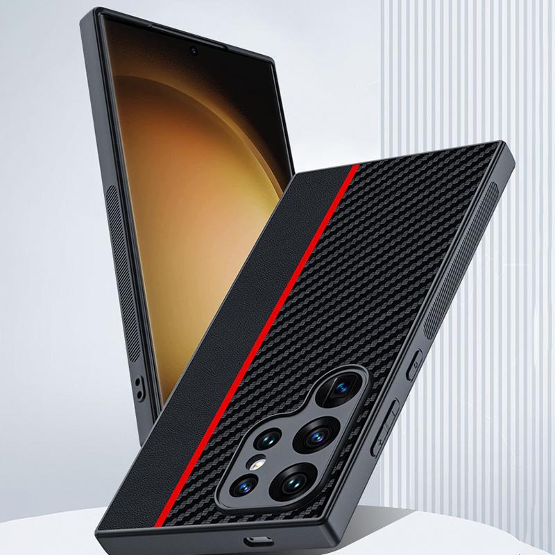 

For Samsung Galaxy S24 Ultra Case Leather+PC Hard Phone Cover Carbon Fiber Texture Black/Red