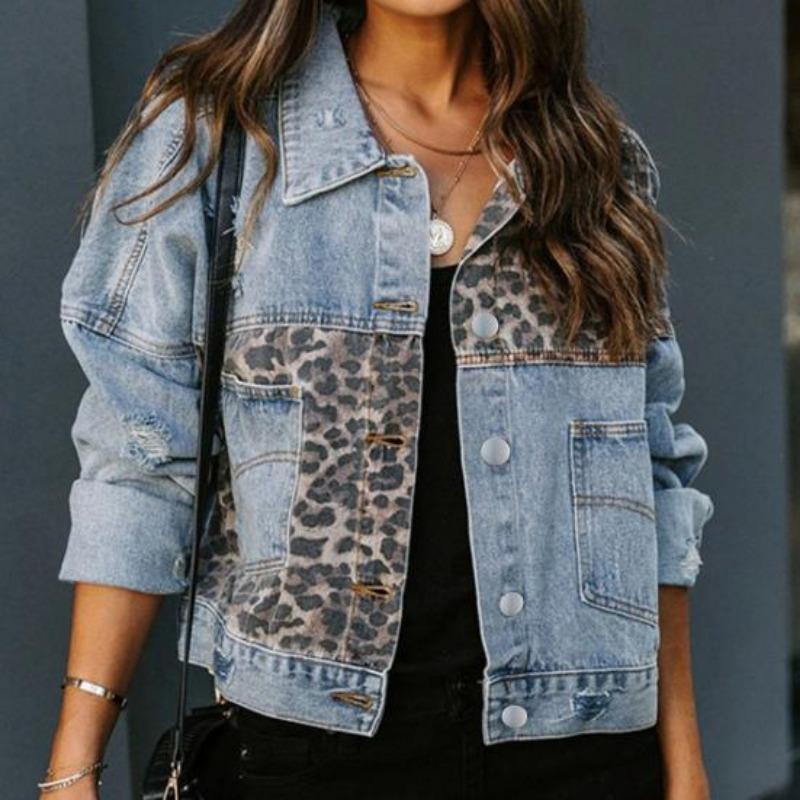 Women Denim Jacket Leopard Splicing Long Sleeves Loose Button Pocket Turn-down Collar Casual Autumn Winter Ladies Female Coat Outwear Womenswear