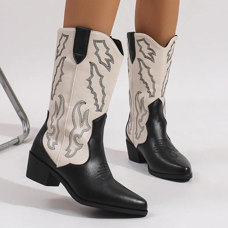 Embroidery Women Western Cowboy Boots Fashion Slip On Thick Heel Knight Long Booties Retro Style Autumn Winter Female Shoes