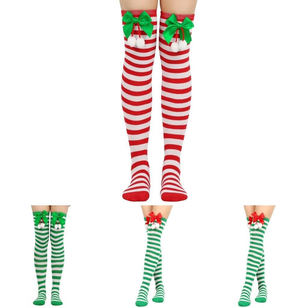 Striking Red-green Stripe Christmas Knee Socks For Women Kids