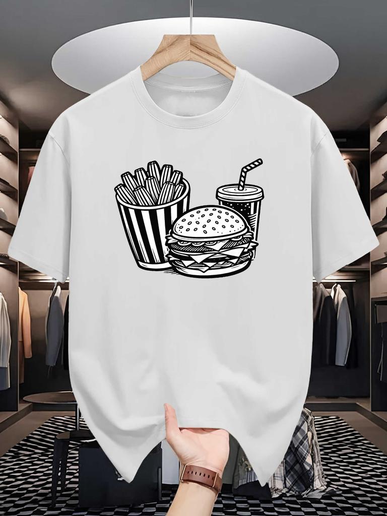 Unisex Cotton Tee Burger Fries Soda Fast Food Graphic Print Loose Breathable Summer Crew Neck Casual Street T Shirt Unisex Daily Wear