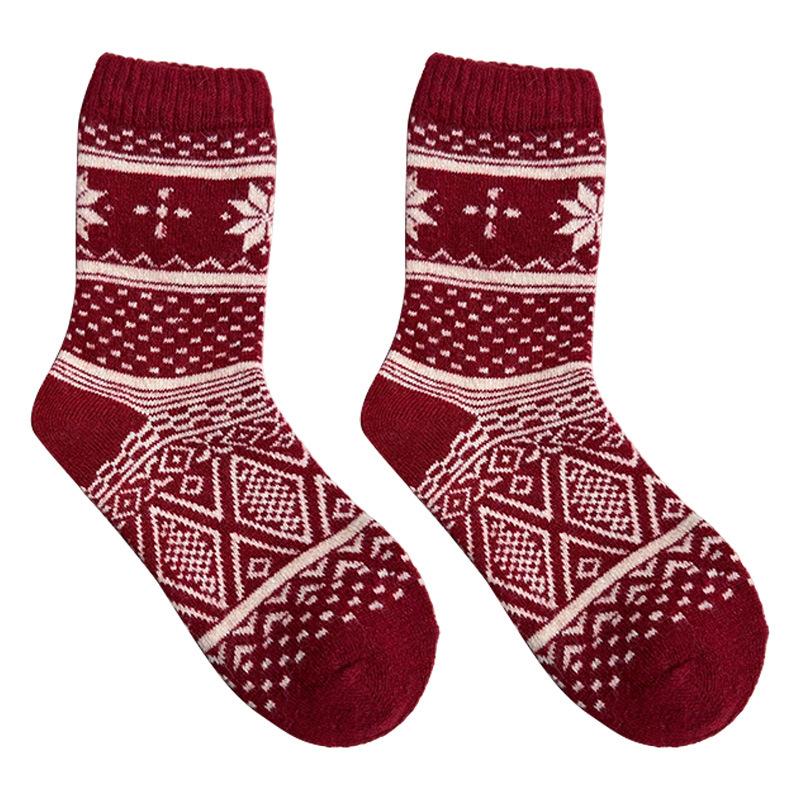 Rote Socken - Herbst/Winter Dicke und Warme Wollsocken mit Retro Fair Isle Doppelstrick Elastische Mittelhohe Socken