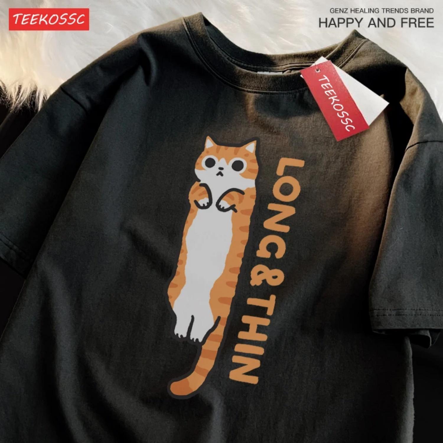 

Slender Cat Stripe Summer Orange Cat Siamese Shoulder Drop Short Sleeve T-shirt Women Cotton Trend Fun Cat Japanese Tees Tops S чёрный
