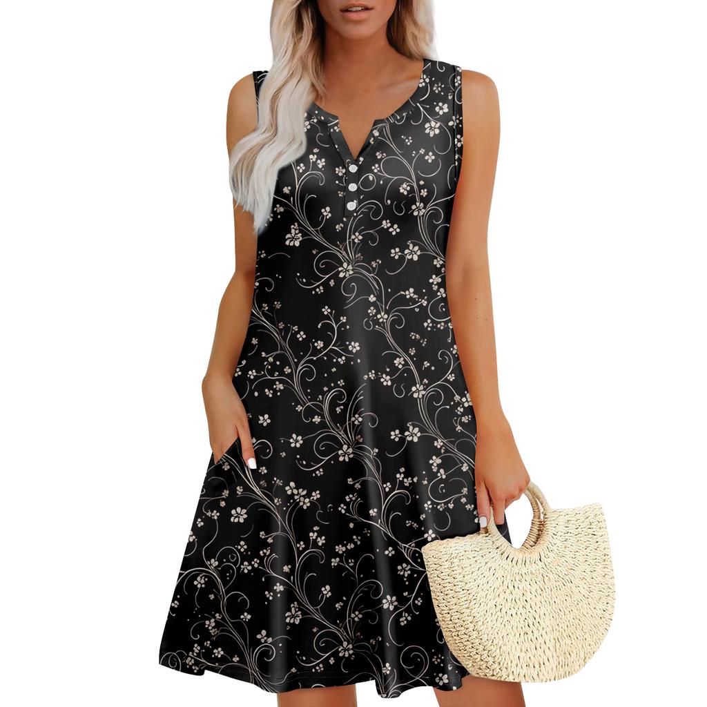 Damen Sommerkleider Lockeres V-Ausschnitt Ärmelloses Sommerkleid Kleid Mit Taschen