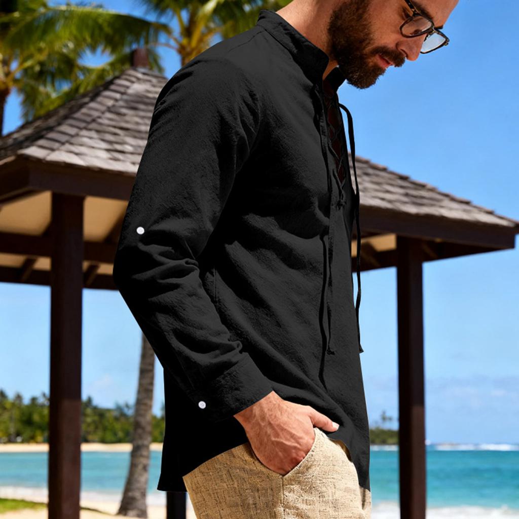 Men's Collared Linen Shirt Casual Sports Beach Long Sleeved Shirt