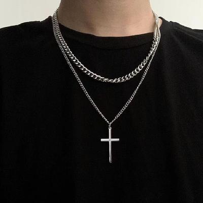 Punk Multilayer Cross Pendant Necklace for Men Women Vintage Minimalist Silver Color Cuban Link Chain Chokers Jewelry Gifts 2026