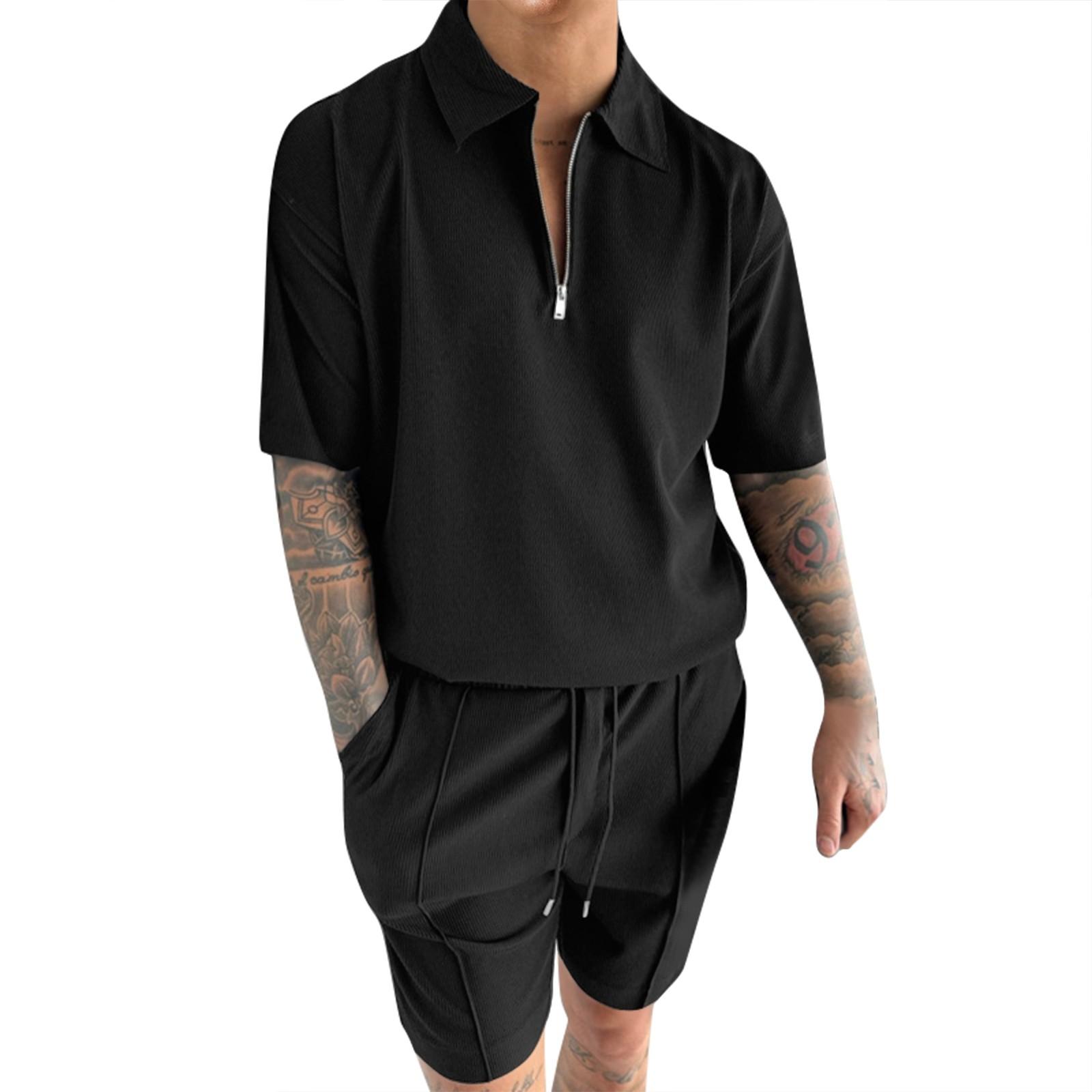 

Мужской летний комплект из однотонной полосатой рубашки с коротким рукавом и застежкой-молнией на лацкане, шорт XXL чёрный