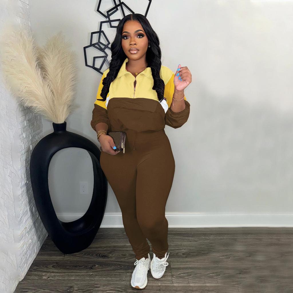 Autumn Color Block Hoodie & Skinny Pants Two-Piece Set