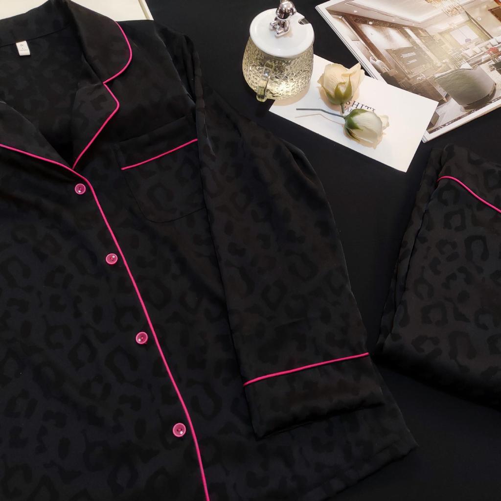 Leopard Print Jacquard Ice Silk Unisex Pajama Set - Long Sleeve Imitation Silk Homewear