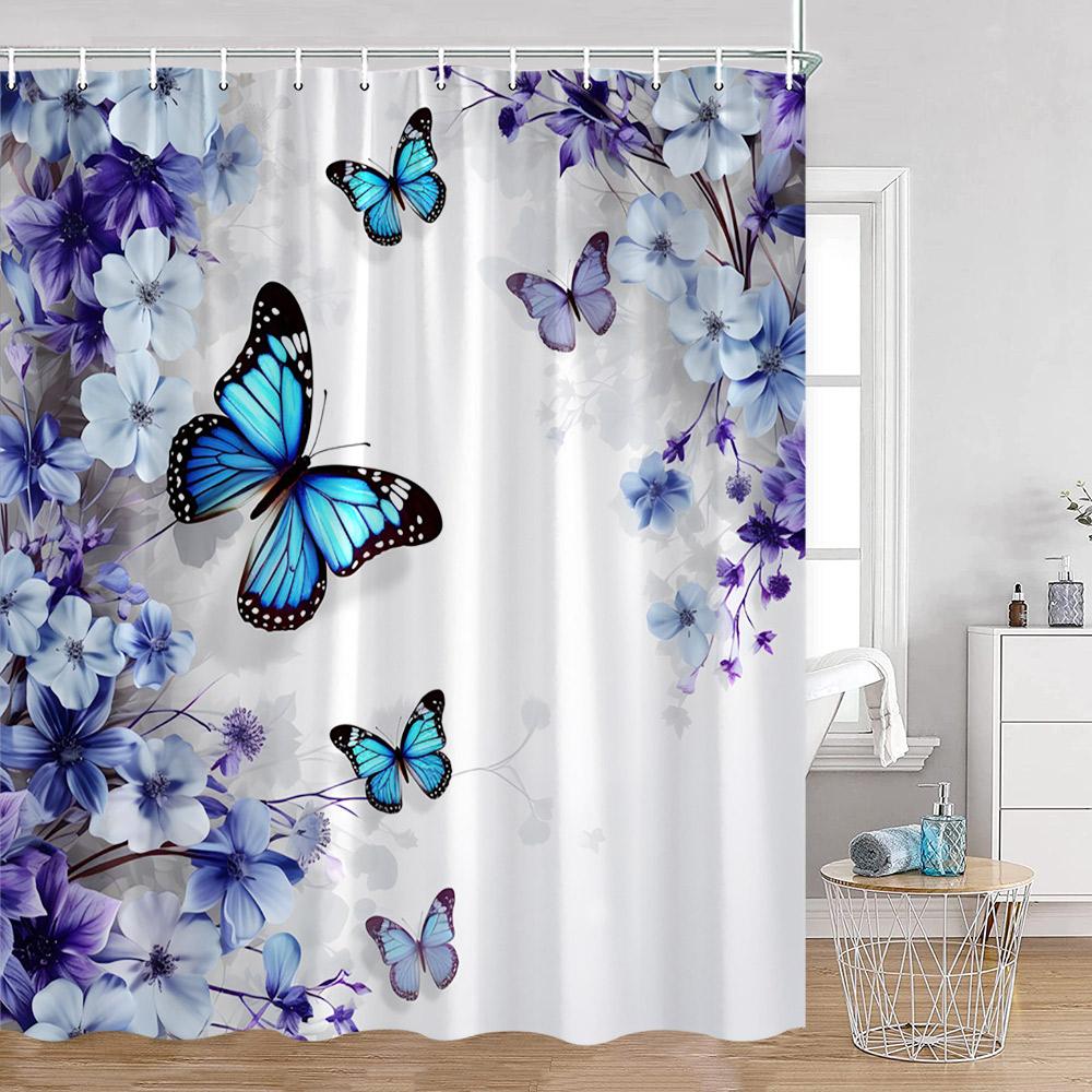 

Colorful Butterfly Shower Curtains Flowers Blossom Floral Bathroom Curtain Polyester Fabric Bathtub Decor With Hooks For Home W60H190(CM)-1 Pcs